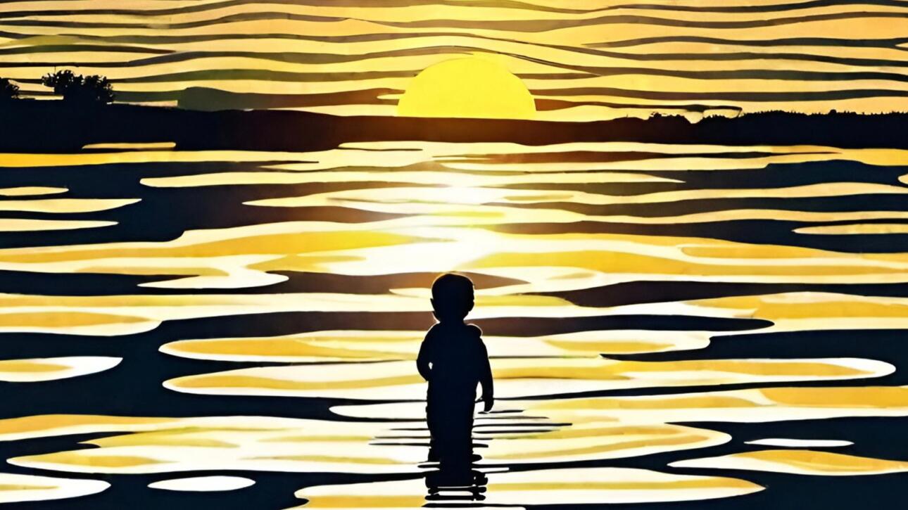 Kind am Wasser im Sonnenuntergang
