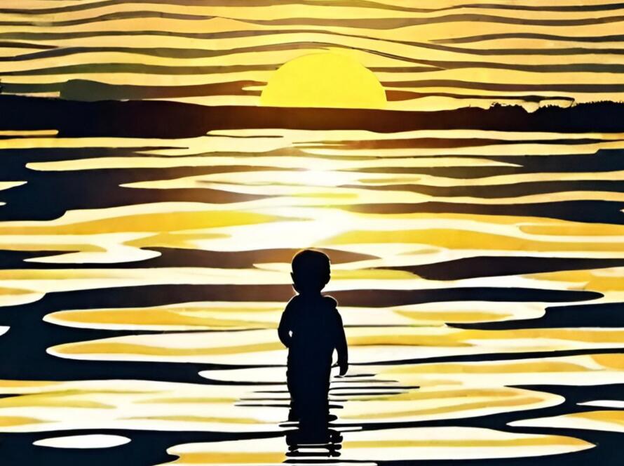 Kind am Wasser im Sonnenuntergang